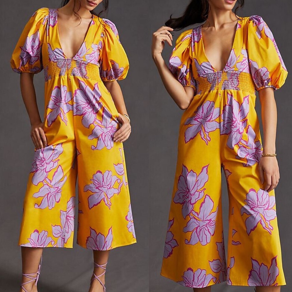 Hutch Anthropologie Yellow Purple Orchid Print V-neck jumpsuit size Large